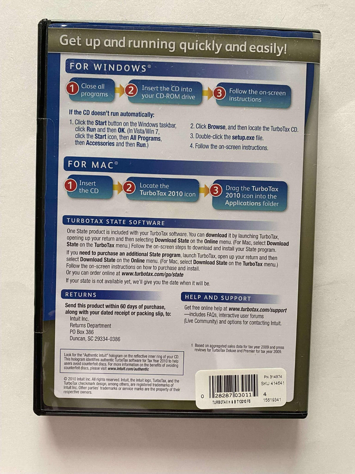 2010 Intuit TurboTax Home & Business Federal & State PC Mac ( NO E-FILE ) GOOD