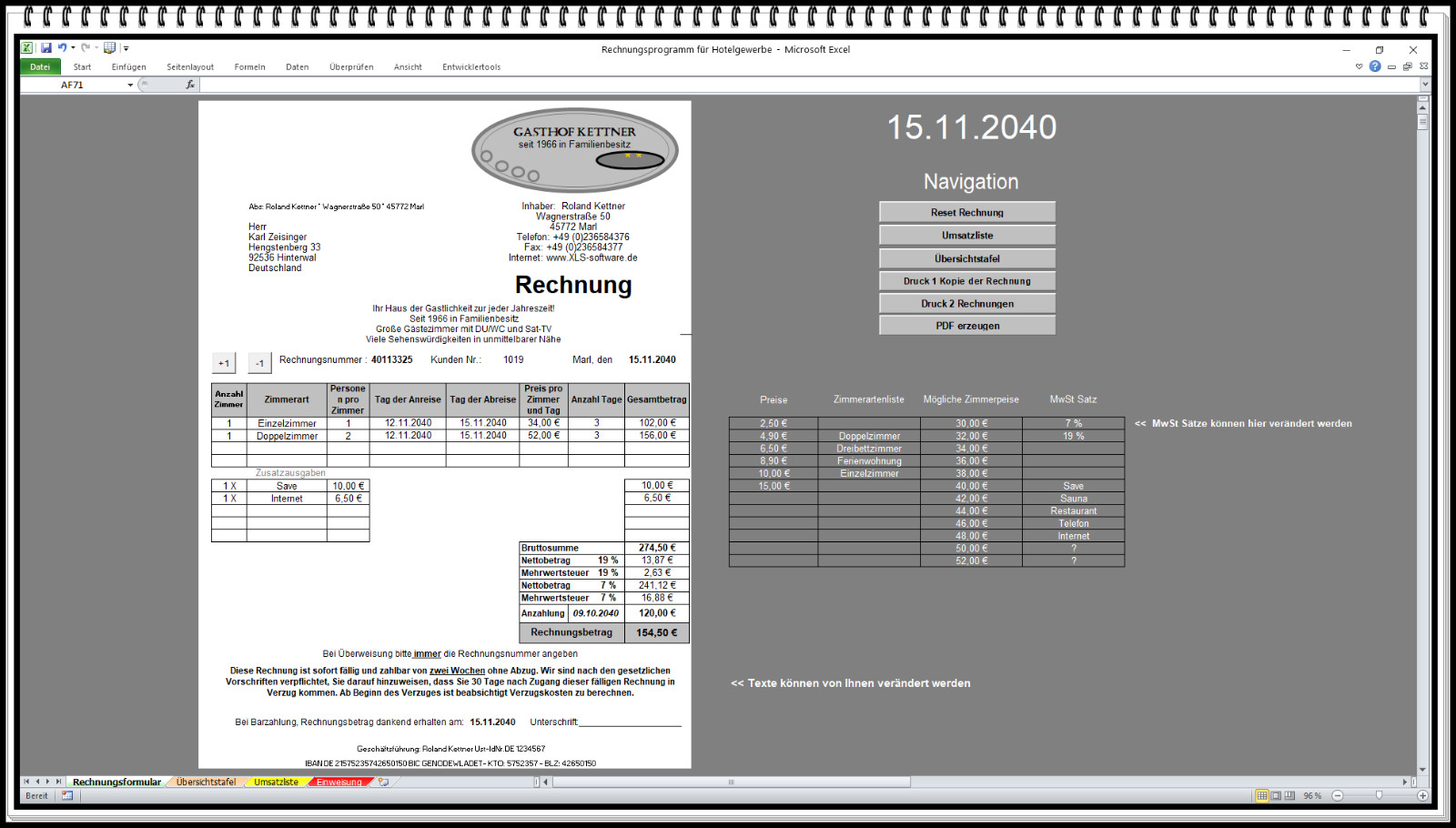 Rechnungen erstellen Hotelfach Hotel Fehrienwohnung FeWo Rechnungssoftware Excel