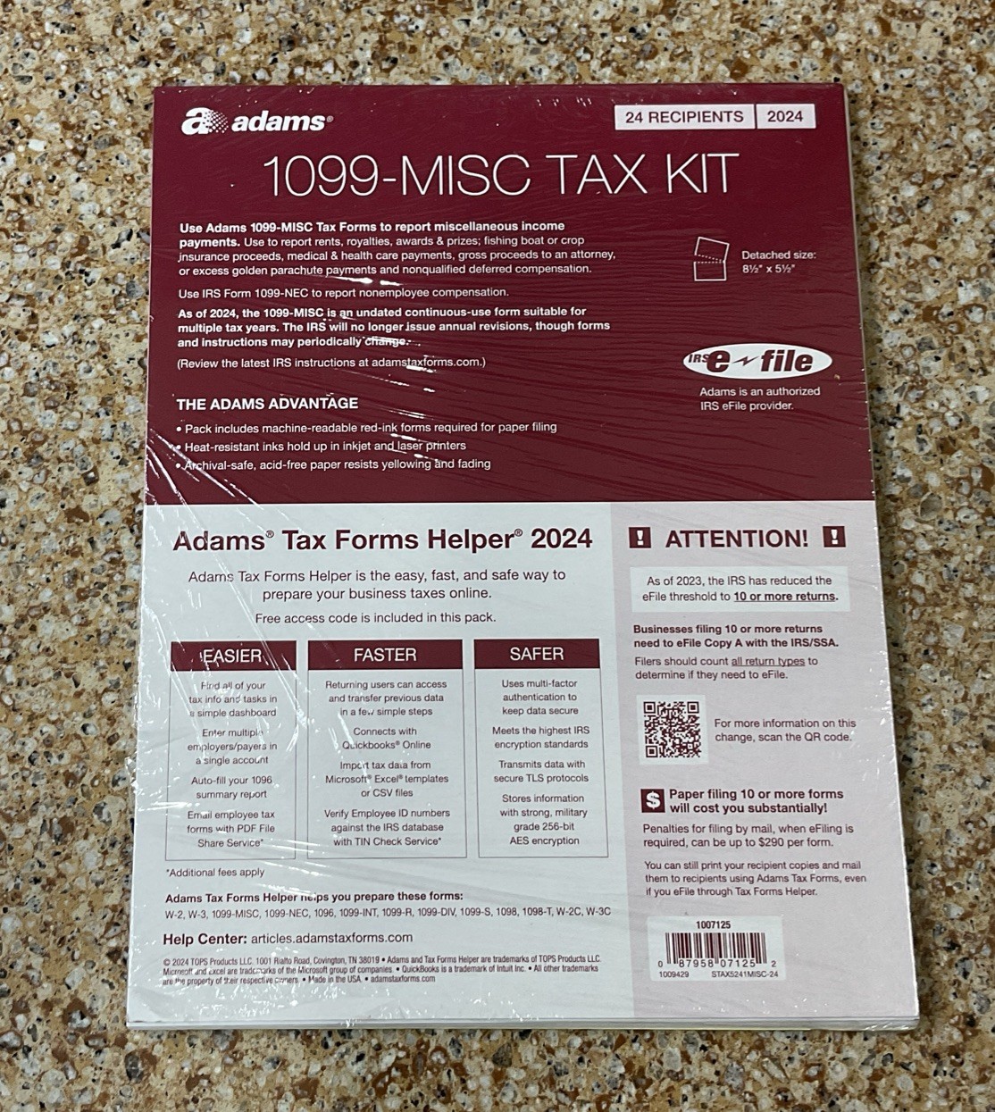 2024 Adams 1099-MISC TAX KIT Forms 4-Part 24 Recipients Fed E-File+Tax Helper