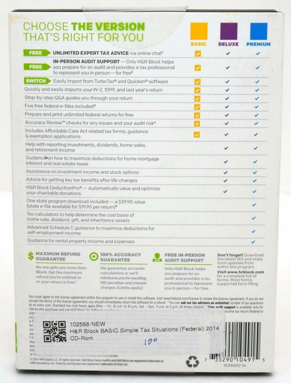 SEALED NEW H&R Block 2014 BASIC Simple Tax Situations FEDERAL ONLY Software CD