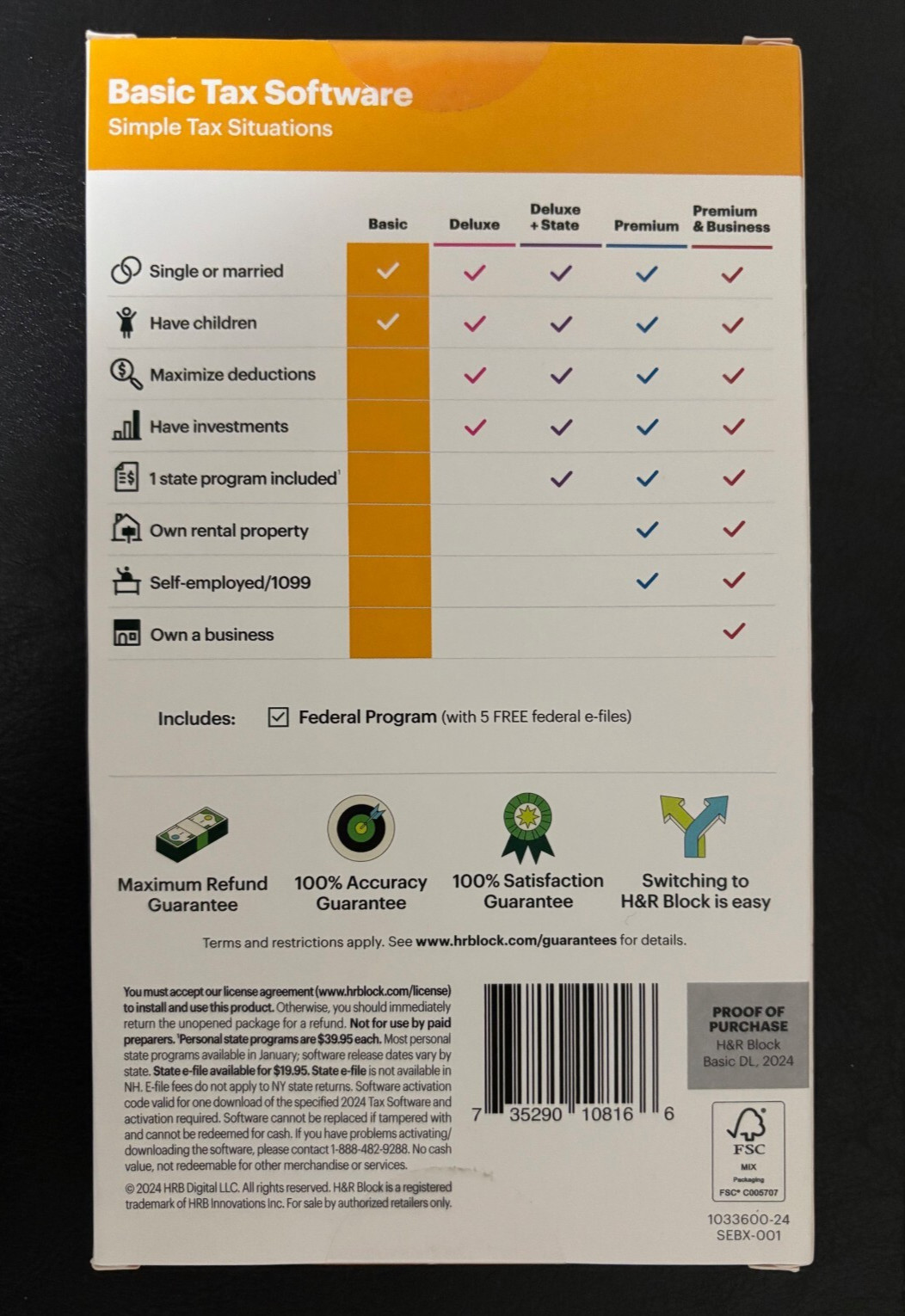 2024 NEW H&R Block Tax Software BASIC 2024 WIN / MAC [Product Key Card]