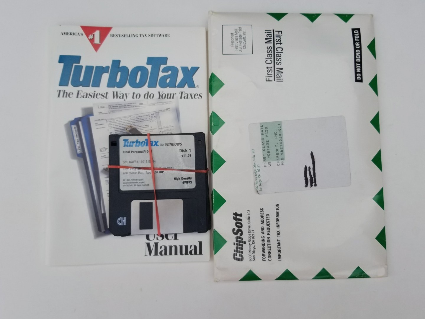 ChipSoft’s TurboTax 1993 User Manual & 4 3.5″ disks Software & Mail Envelope