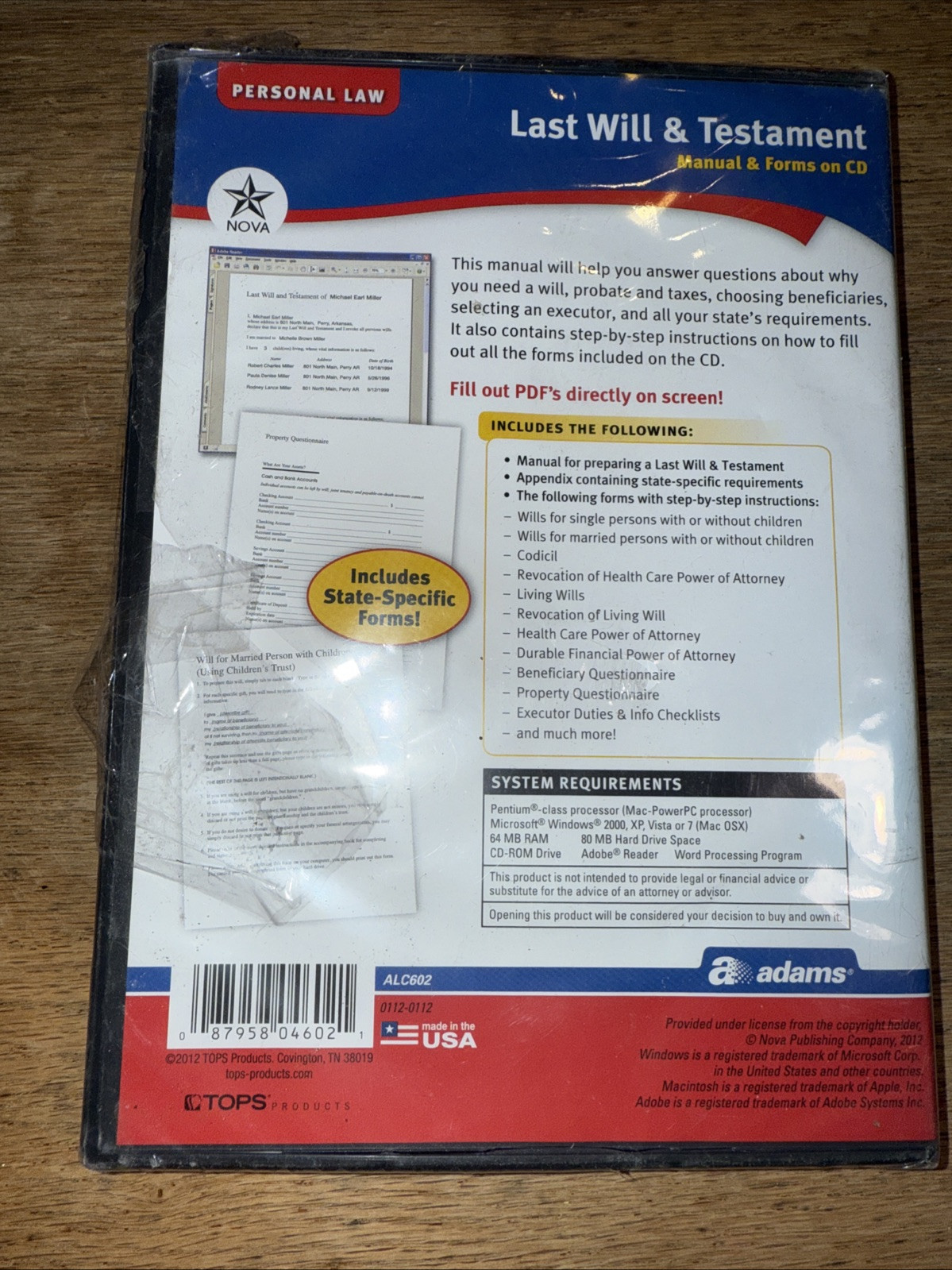Adams Last Will & Testament Manual & Forms on CD Personal Law New Sealed