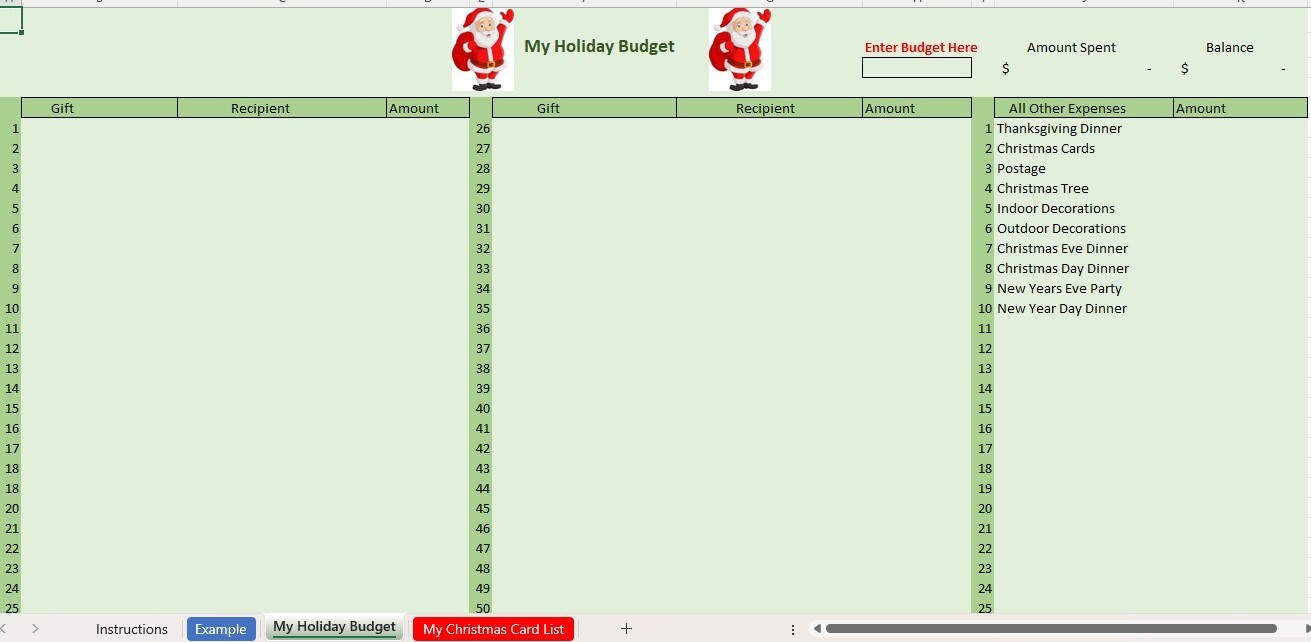 My Holiday Budget, Excel Spreadsheet, for PC or Android +Free Checkbook Register