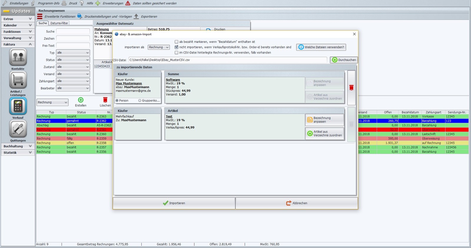 Invoice program for dealers, online trade, eBay import, Amazon import, invoice IT