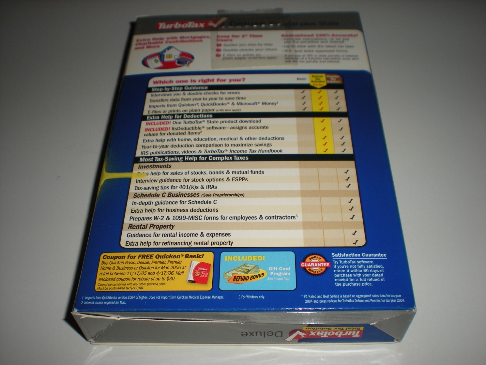 Turbotax 2005 Deluxe + state. New in box. Genuine but blemished package.