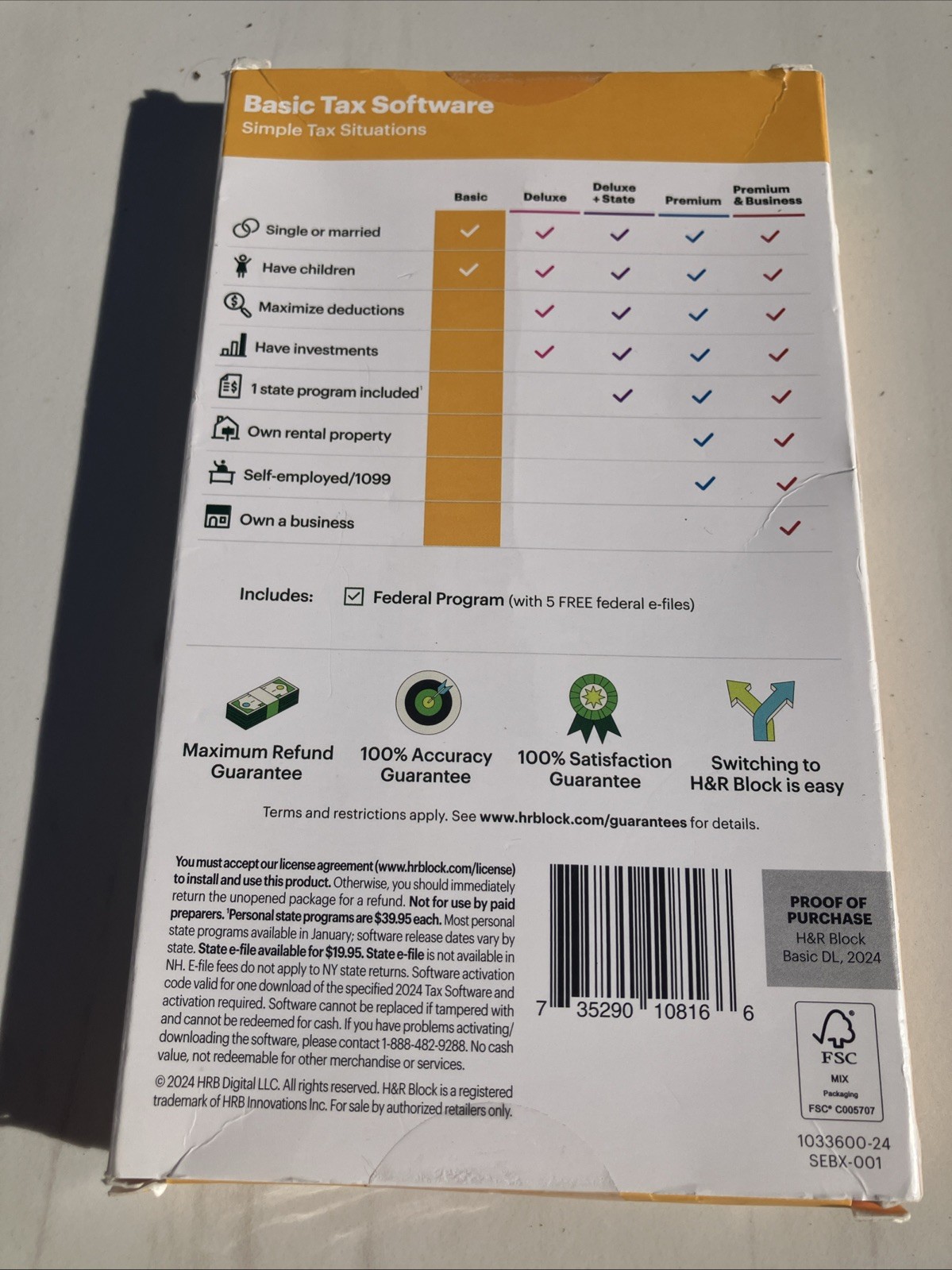 H&R Block Tax Software Basic 2024 PC/Mac Federal e-file [Key Card] e-Delivery