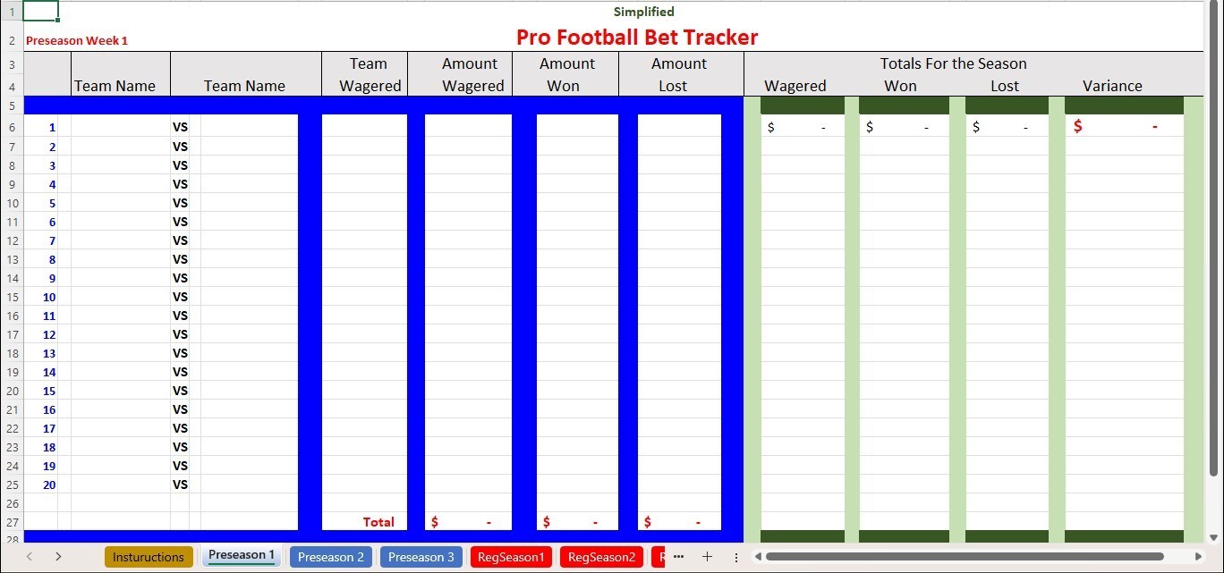 Pro Football Bet Tracker Excel Spreadsheet for PC or Android, BOGO See Descript.