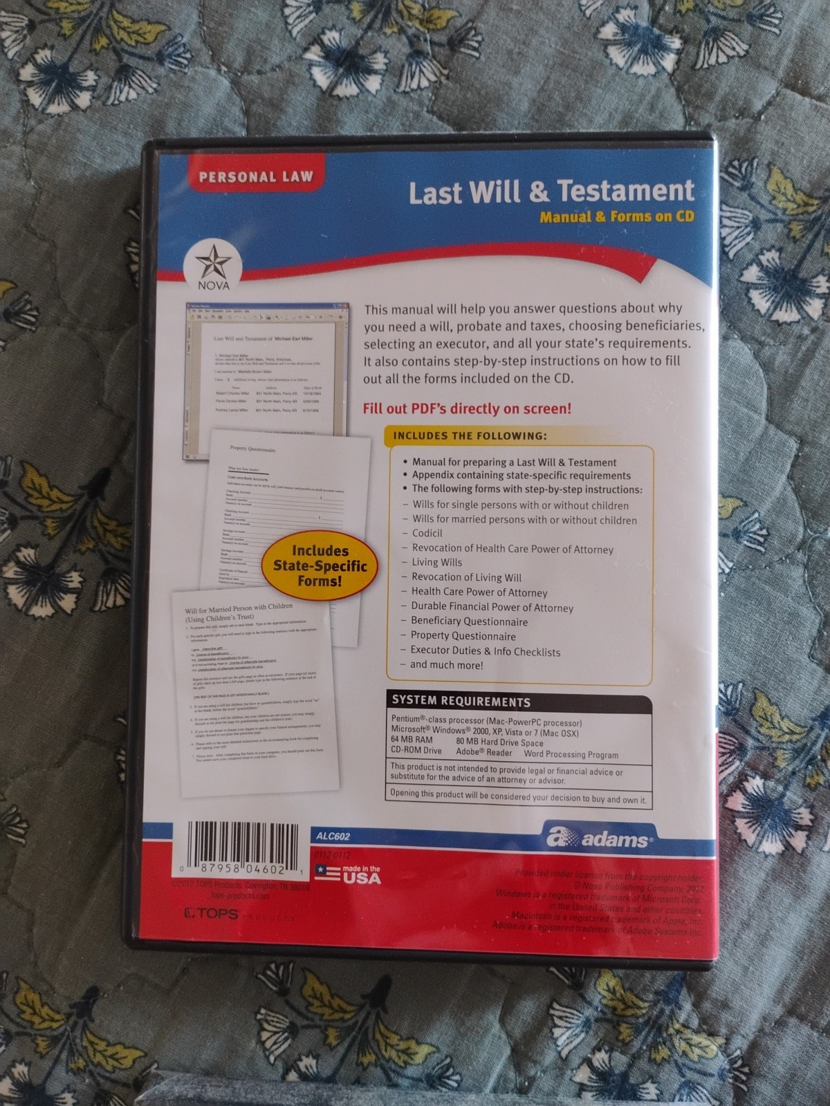 Adams Last Will & Testament Manual & Forms on CD Personal Law New Sealed