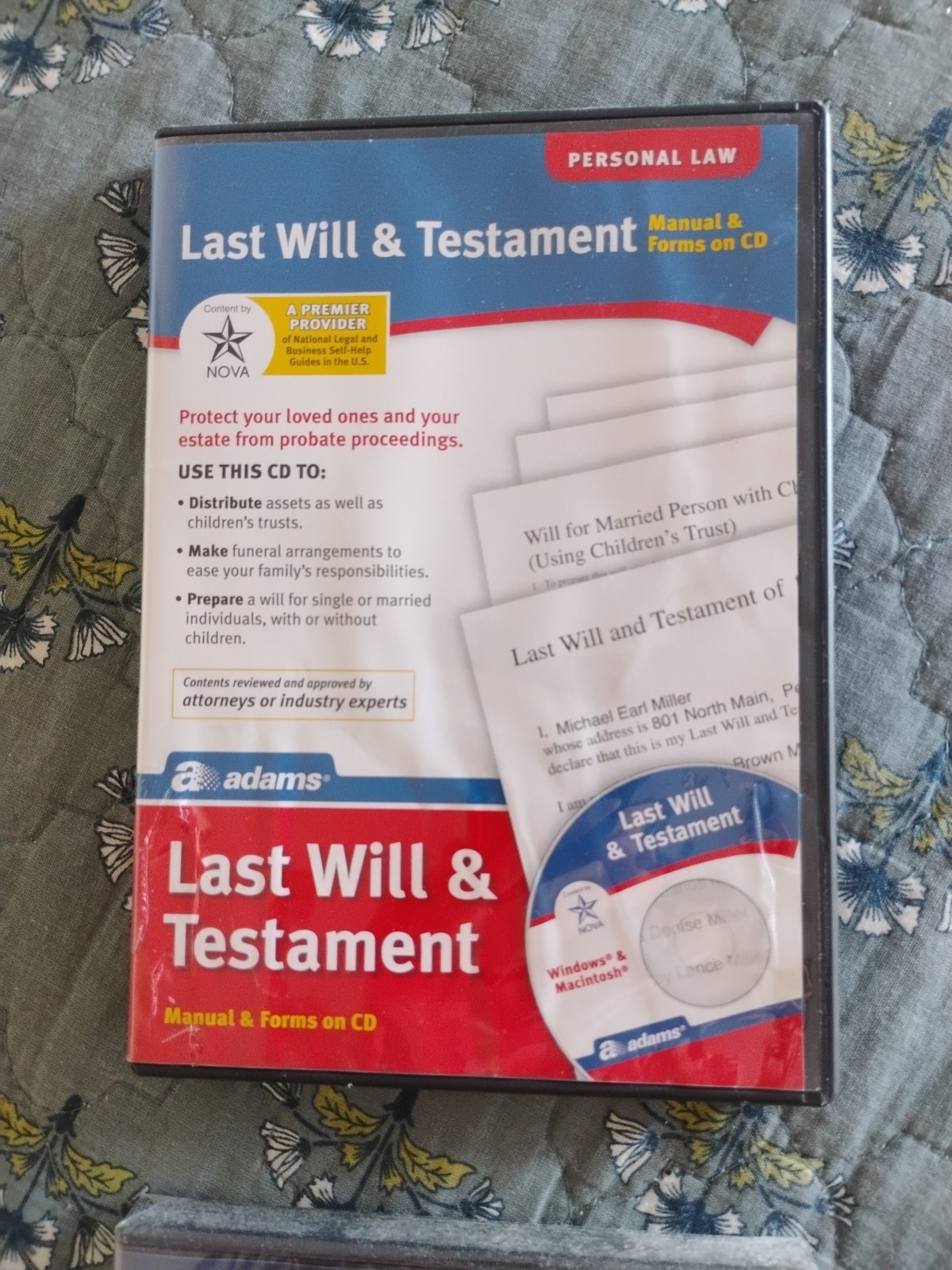 Adams Last Will & Testament Manual & Forms on CD Personal Law New Sealed