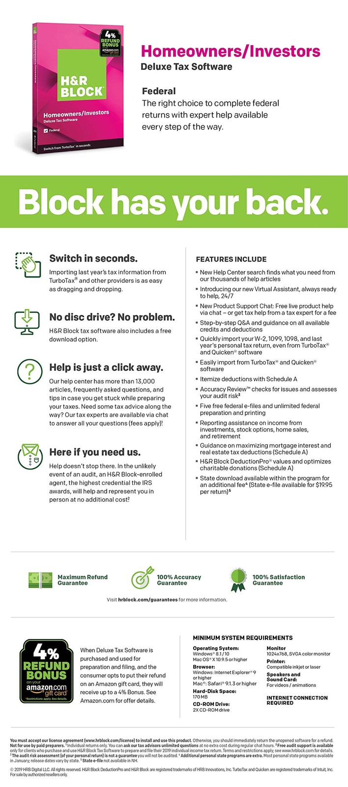 Tax Software H&R Block Deluxe 2019 Federal Only PC Download VERSION