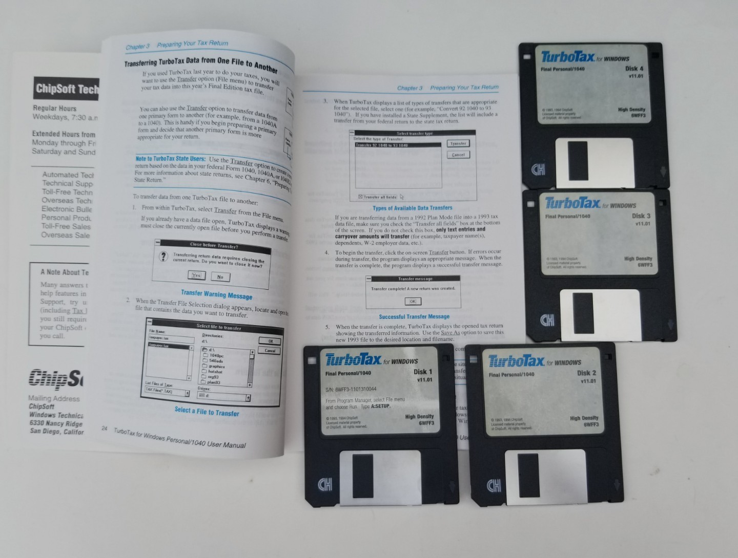 ChipSoft’s TurboTax 1993 User Manual & 4 3.5″ disks Software & Mail Envelope